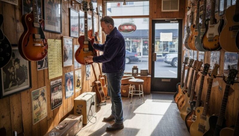 Shop owner inspecting vintage guitar wall display