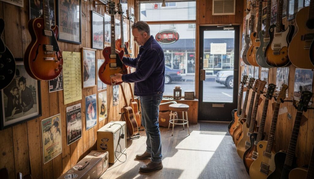 Shop owner inspecting vintage guitar wall display