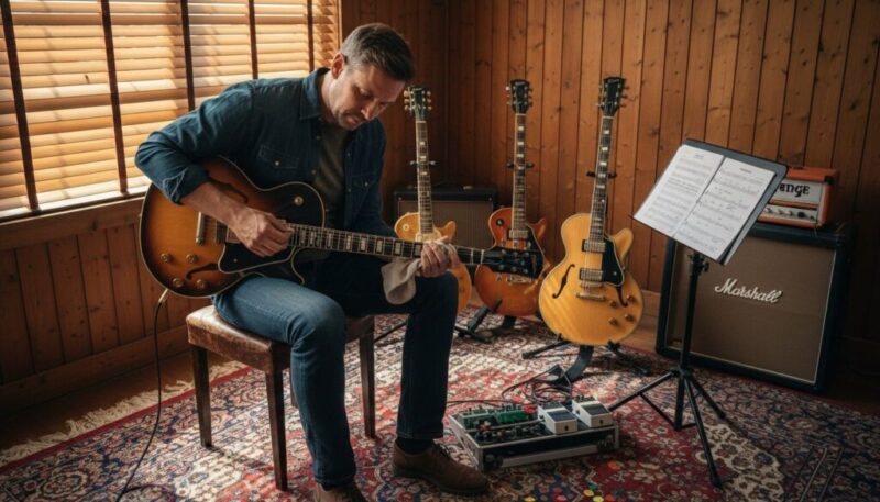Ein Musiker umgeben von seinen Vintage-Gitarren in einem gemütlichen Tonstudio.