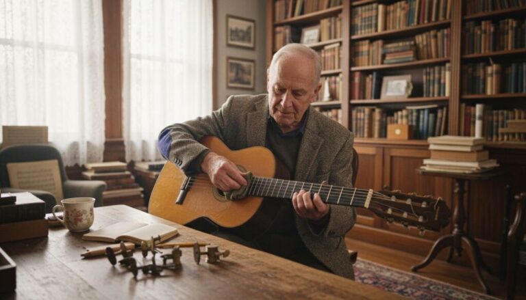 Collector polishing vintage classical guitar