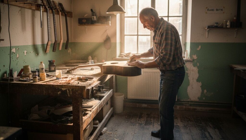 Ein Gitarrenbauer arbeitet mit viel Hingabe in seiner Werkstatt und fertigt ein neues Instrument an.