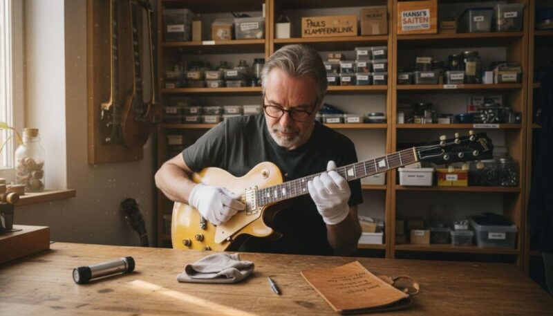 Ein Mann begutachtet eine alte Gitarre auf seiner Werkbank.