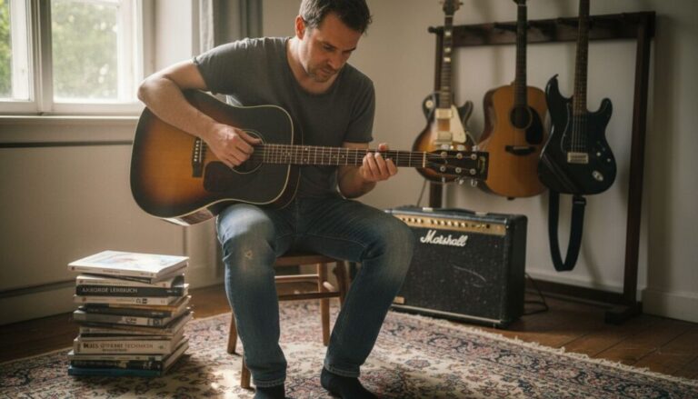 Ein Gitarrist begutachtet seine Akustikgitarre im Proberaum.