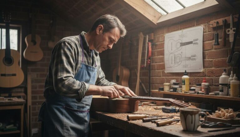 Luthier crafting classical guitar at workbench