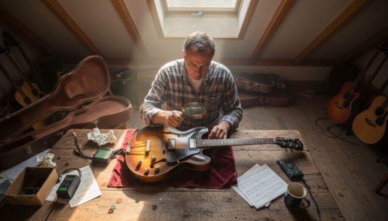 Collector inspecting vintage guitar in attic