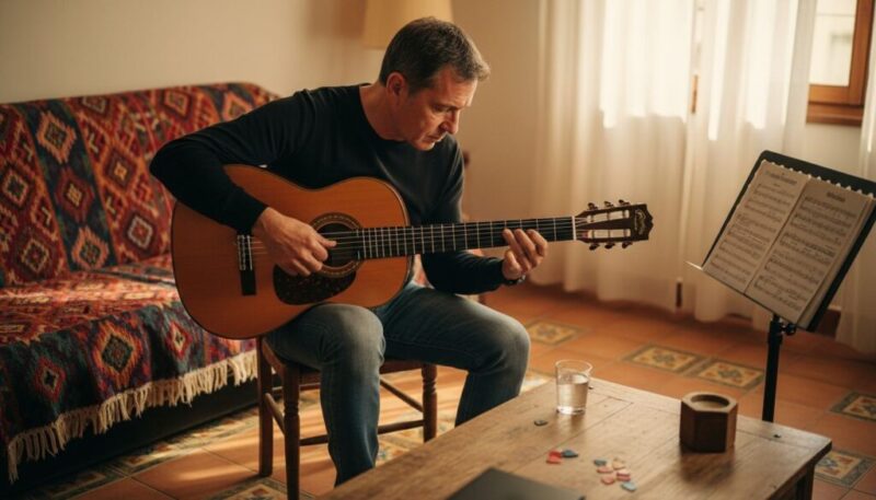 Ein Flamenco-Gitarrist begutachtet seine Gitarre in einem gemütlichen Wohnzimmer, während Sonnenstrahlen durch das Fenster fallen und eine entspannte Atmosphäre schaffen.