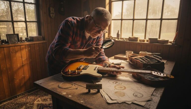 Ein Fachmann prüft eine alte Gitarre sorgfältig in seiner Werkstatt.