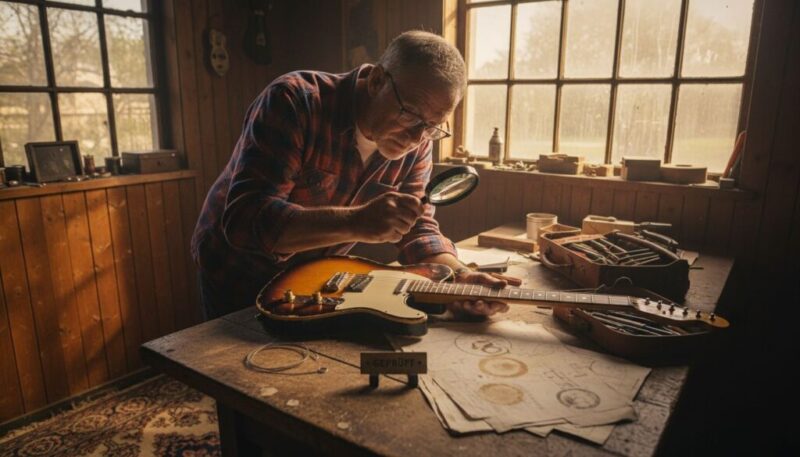 Ein Fachmann prüft eine alte Gitarre sorgfältig in seiner Werkstatt.