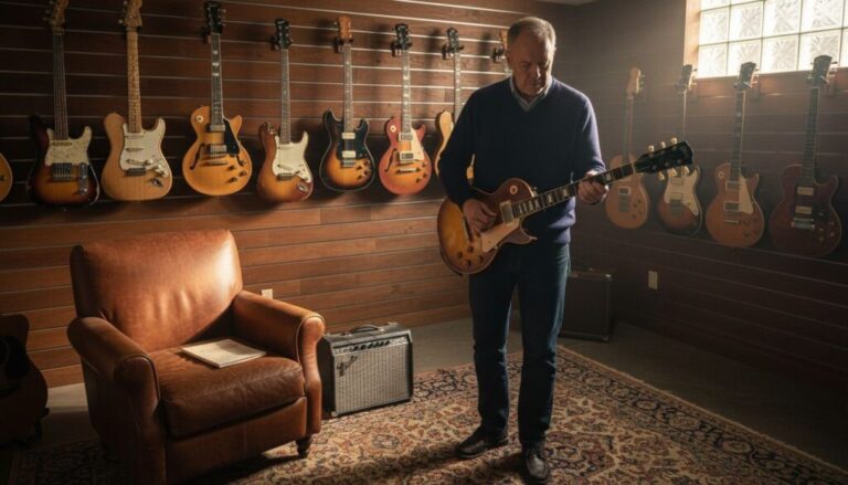 Collector examining vintage guitar in home studio