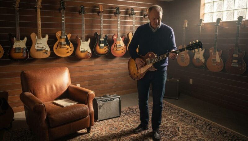 Collector examining vintage guitar in home studio