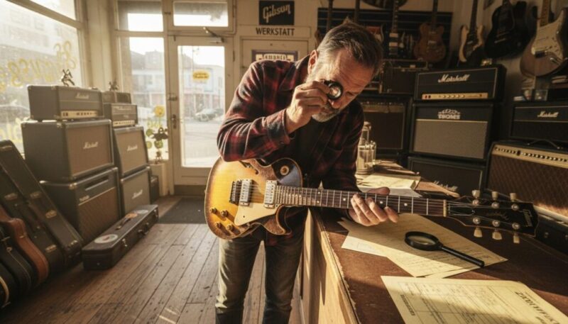 Ein Mann nimmt im Musikgeschäft eine alte Gitarre genau unter die Lupe.
