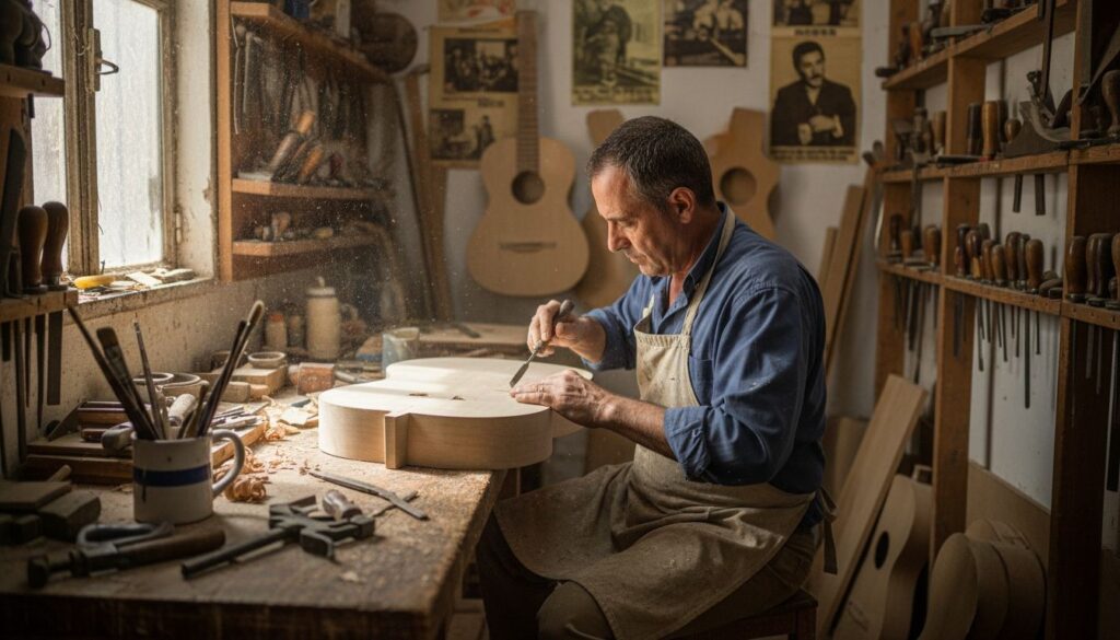 Luthier crafting handmade flamenco guitar in workshop