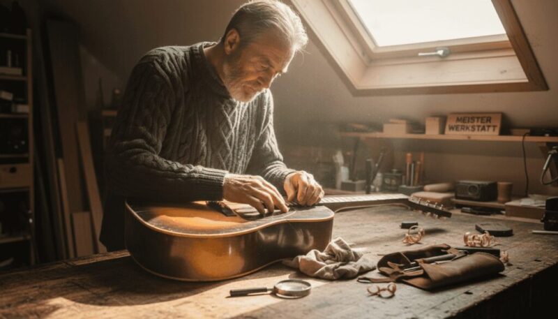 Ein betagter Gitarrenbauer begutachtet aufmerksam eine alte Akustikgitarre.