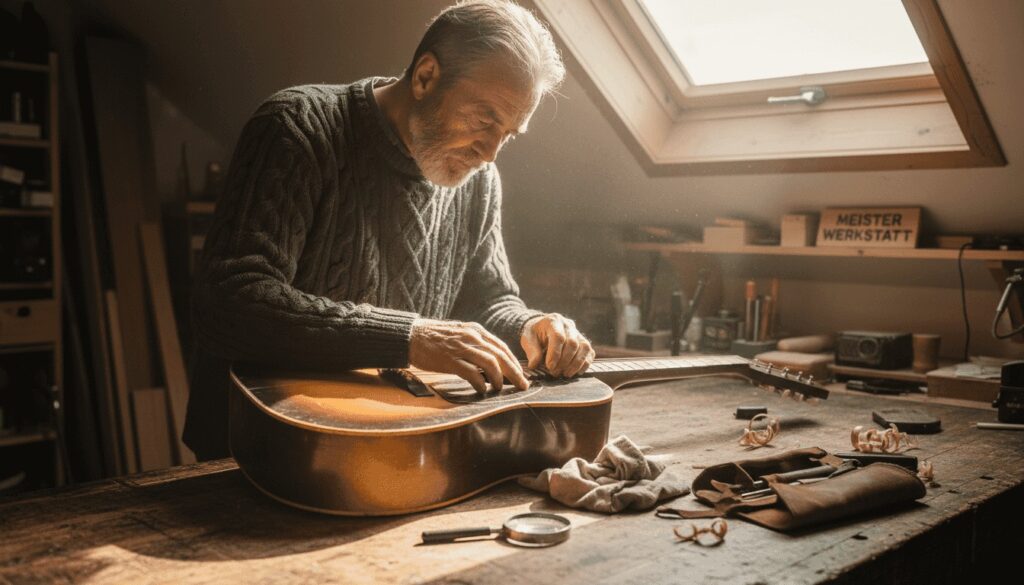 Ein betagter Gitarrenbauer begutachtet aufmerksam eine alte Akustikgitarre.