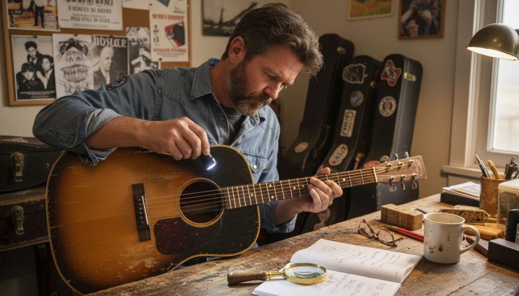 Man inspecting vintage guitar with tools