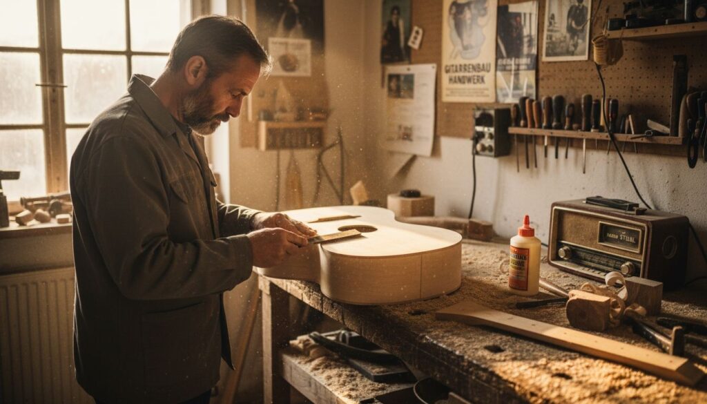 Ein Gitarrenbauer arbeitet konzentriert an seiner Werkbank und erschafft eine einzigartige Gitarre nach den Wünschen des Kunden.