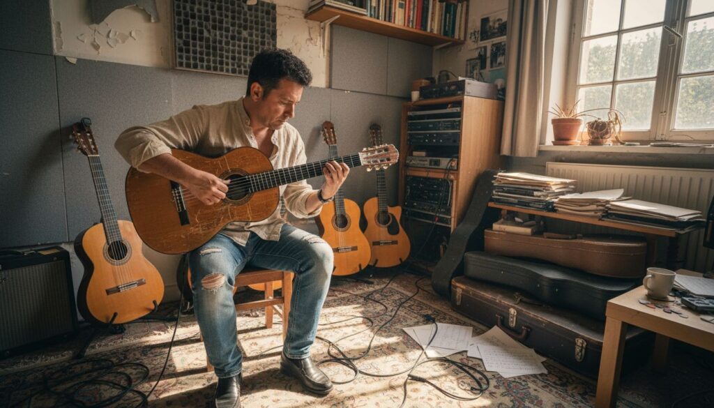 Ein Flamenco-Gitarrist probiert im Studio verschiedene Vintage-Gitarren aus und testet ihren Klang.