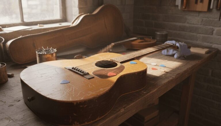 Vintage guitar on cluttered workbench sunlight