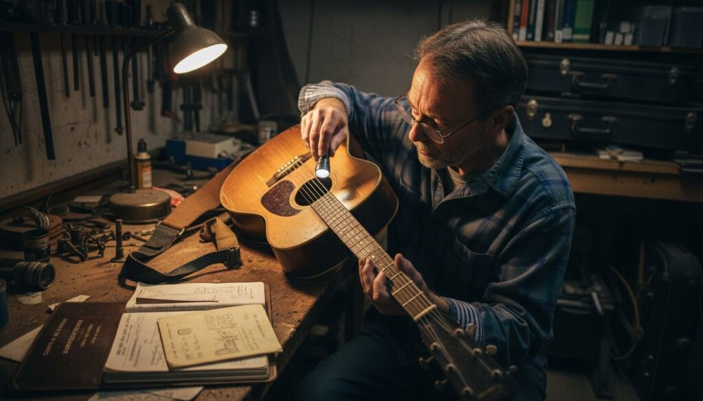 Collector studies original pre-war acoustic guitar details