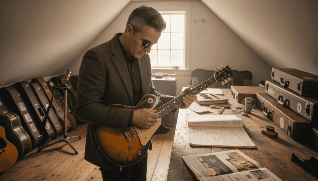Guitar collector inspecting vintage electric guitar