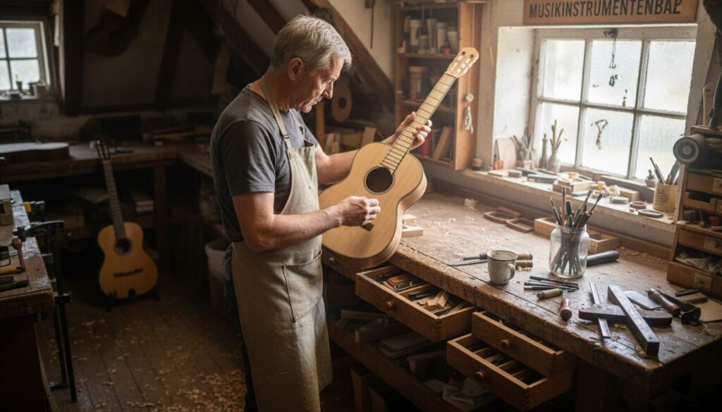 In seiner kleinen Werkstatt unter dem Dach fertigt ein Gitarrenbauer mit viel Liebe zum Detail ein neues Instrument an.