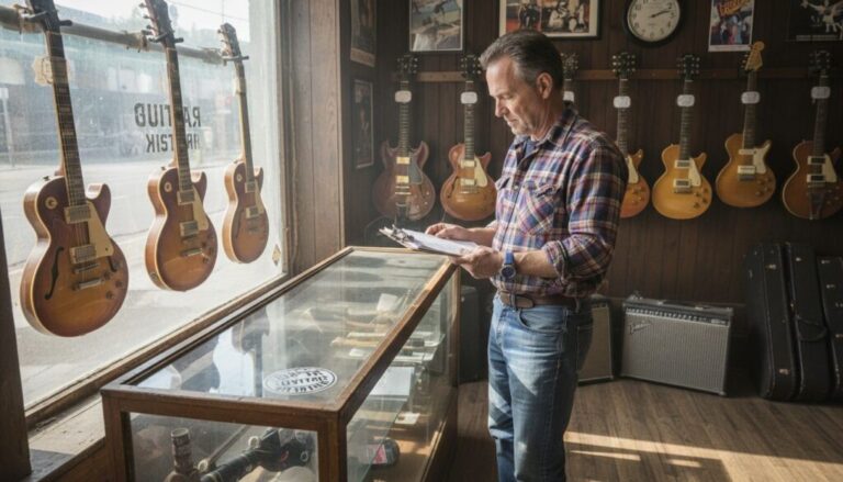 Collector viewing vintage electric guitar display
