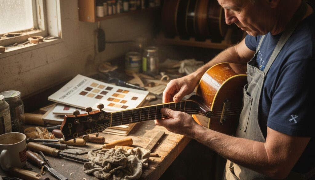 Luthier inspecting aged vintage guitar body