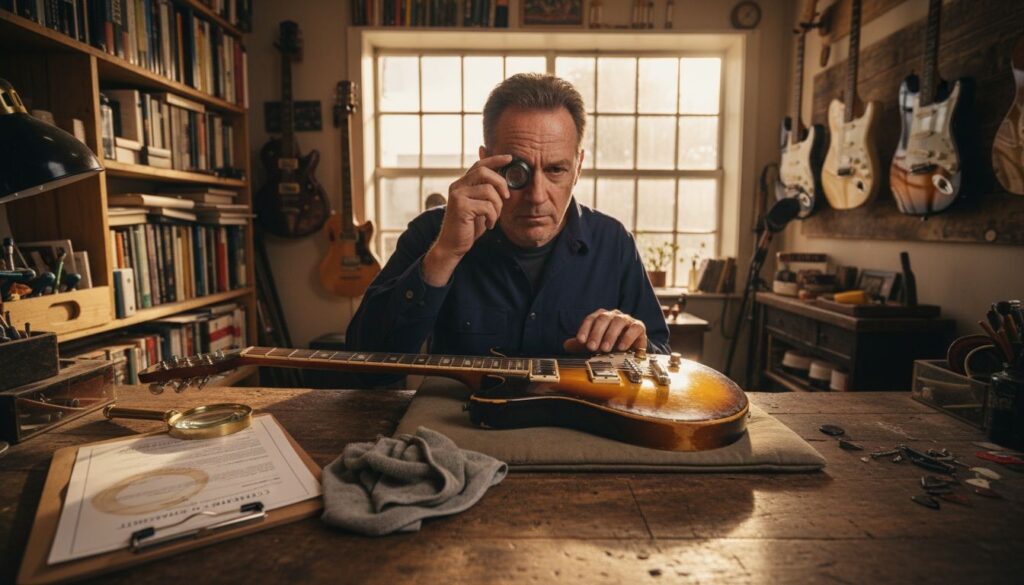 Expert inspecting vintage guitar for certification