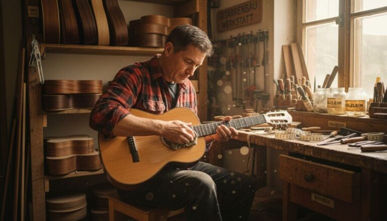 Ein Gitarrenbauer fertigt gerade eine Flamenco-Gitarre an.