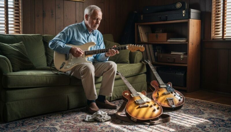 Im heimischen Wohnzimmer nimmt ein Mann verschiedene Vintage-Gitarren genau unter die Lupe.