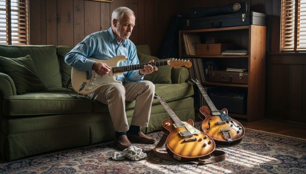 Im heimischen Wohnzimmer nimmt ein Mann verschiedene Vintage-Gitarren genau unter die Lupe.