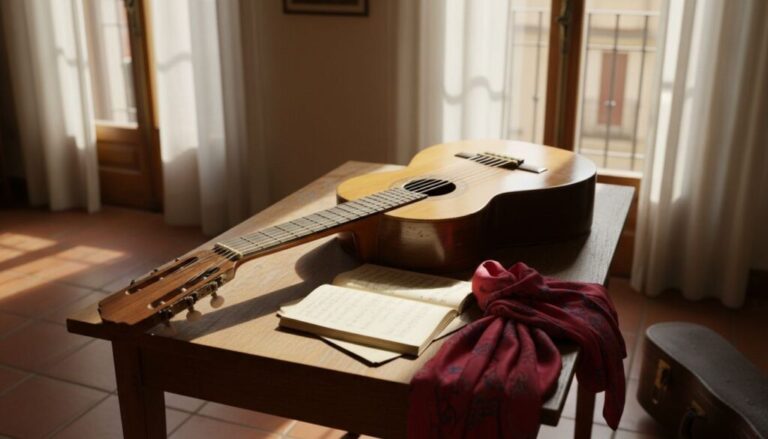 Vintage flamenco guitar on sunlit table