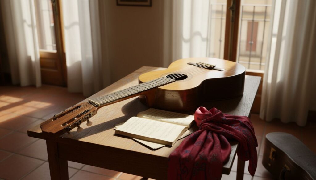 Vintage flamenco guitar on sunlit table