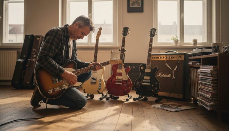 Ein Gitarrensammler bringt zu Hause liebevoll seine alte Lieblingsgitarre auf Hochglanz.