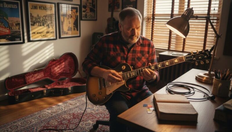 Ein Mann begutachtet eine alte Gibson Les Paul Gitarre.