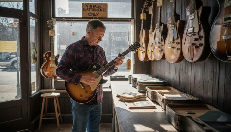 Man inspecting vintage electric guitar in shop