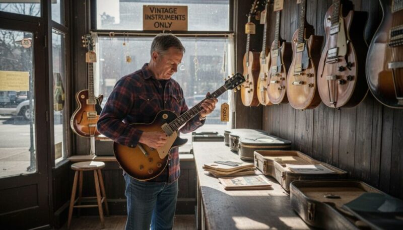 Man inspecting vintage electric guitar in shop