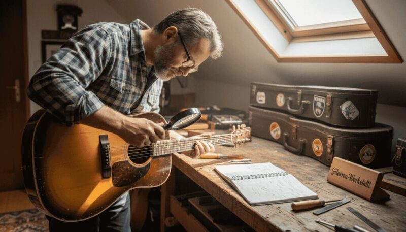 Ein Mann begutachtet eine Vintage-Gitarre und macht sich dabei Notizen, während er verschiedene Werkzeuge zur Hand hat.