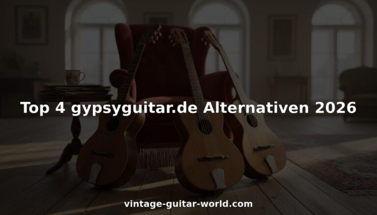 Vier Gypsy-Jazz-Gitarren in einem nostalgisch eingerichteten Wohnzimmer