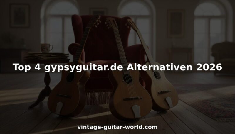 Vier Gypsy-Jazz-Gitarren in einem nostalgisch eingerichteten Wohnzimmer