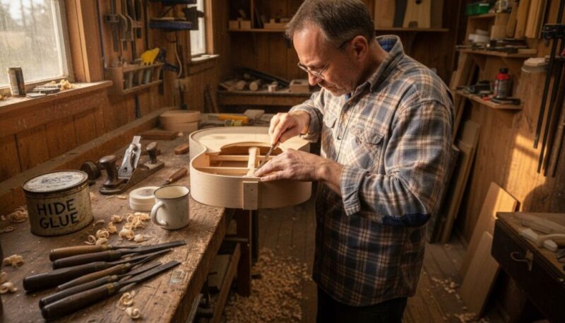 Luthier crafting acoustic guitar in workshop