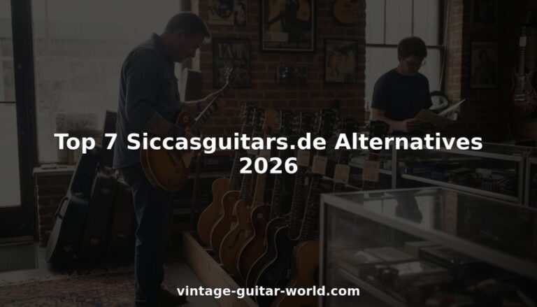 Guitarist comparing vintage guitars in brick shop