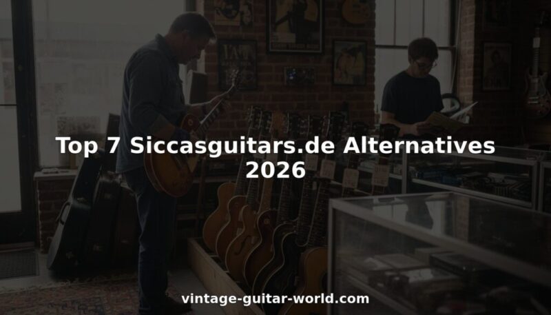 Guitarist comparing vintage guitars in brick shop