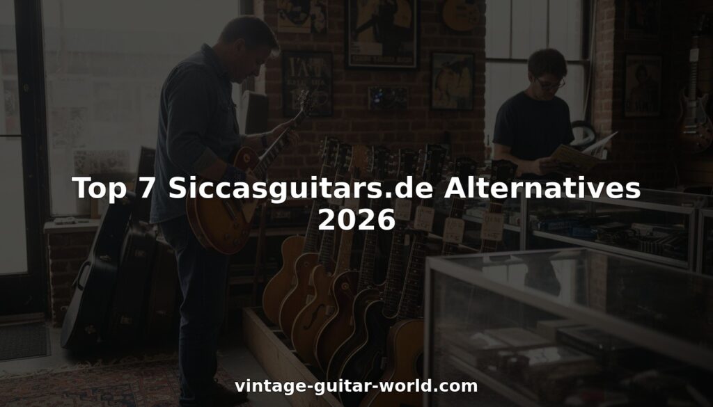 Guitarist comparing vintage guitars in brick shop