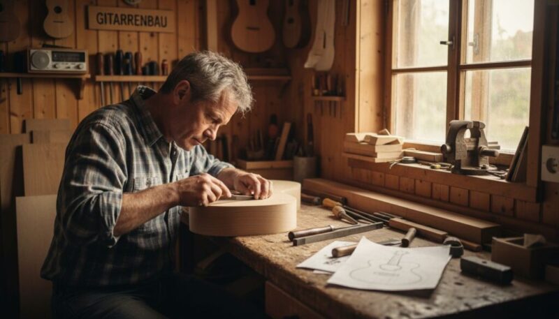 Ein Gitarrenbauer fertigt in seiner Werkstatt mit viel Liebe zum Detail eine Gitarre an.