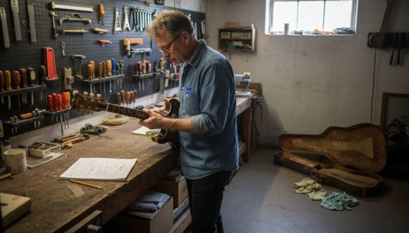 Luthier inspecting vintage guitar in workshop