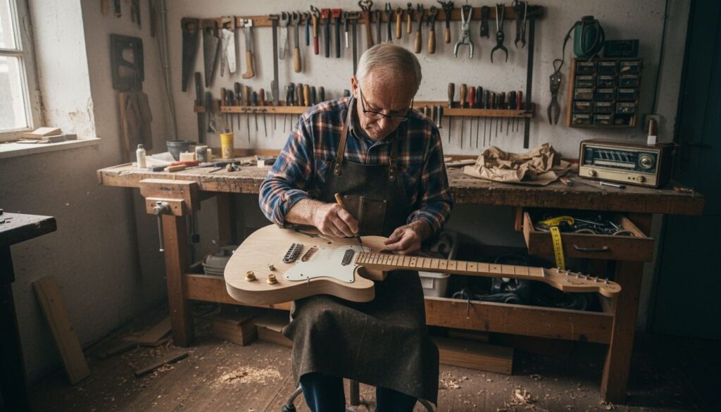 Ein Gitarrenbauer arbeitet in seiner Werkstatt an einer alten E-Gitarre.