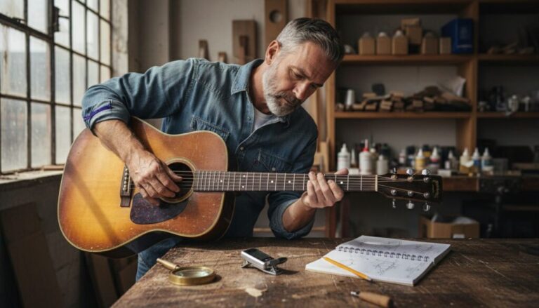 Luthier examining acoustic guitar for quality