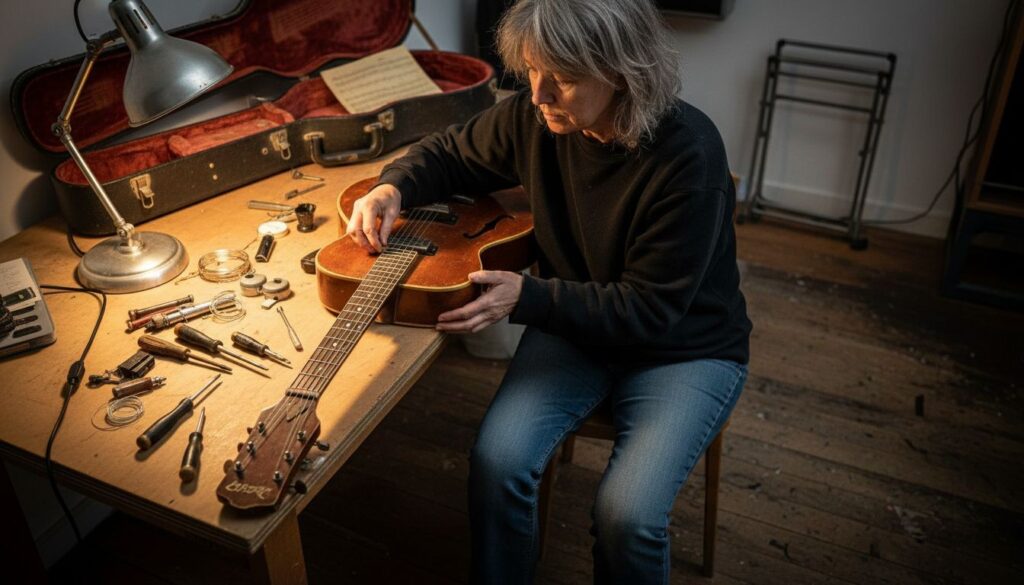 Im Tonstudio nimmt eine Frau eine seltene Gitarre genau unter die Lupe.