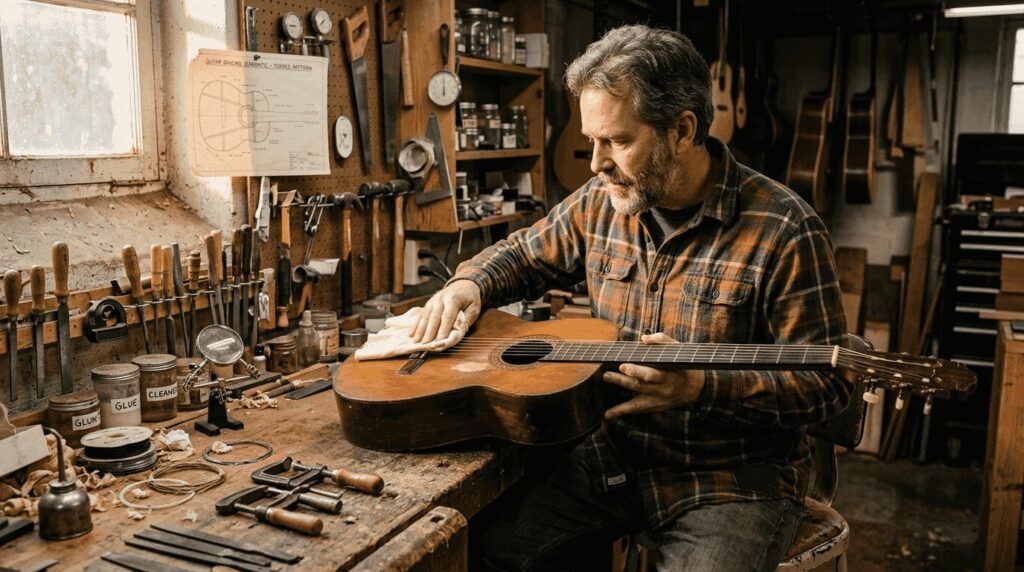 Luthier restoring vintage classical guitar